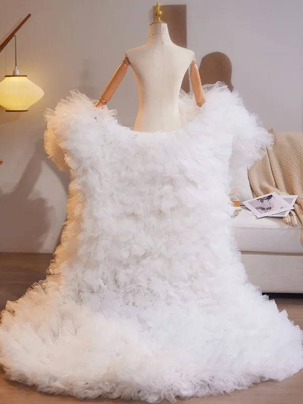 Charmant Blanche Volants en Cascade Fait main Tulle Promo châle 2025 Gonflée Manches Courtes