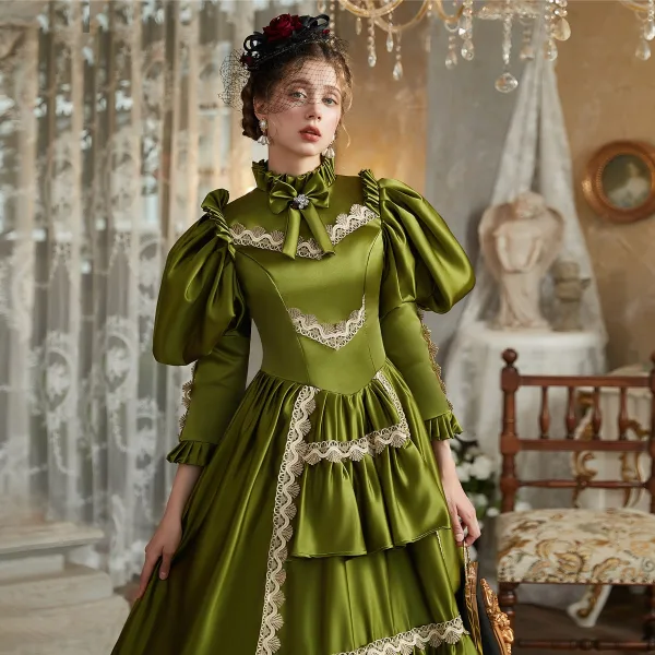 Vintage / Originale Vert Foncé Noeud Robe De Bal 2024 Robe Boule Col Haut Manches Longues Longue Promo Robe De Ceremonie