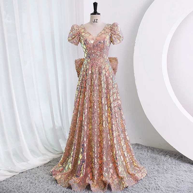 rose gold prom dress long sleeve Lace Up Back Glitter Prom Dresses A-line Princess – alinanova main image 0