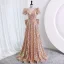Scintillantes Or Rose Paillettes Robe De Soirée 2023 Princesse V-Cou Manches Courtes Dos Nu Noeud Train De Balayage Soirée Robe De Ceremonie