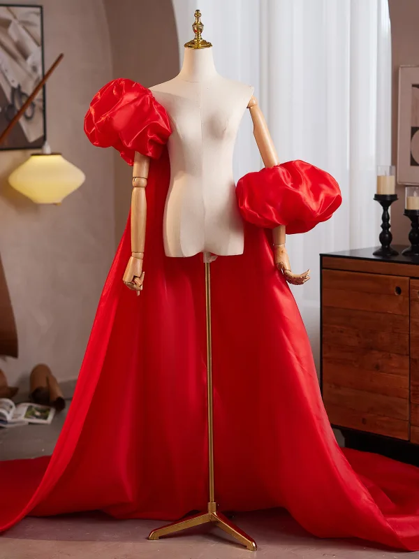 Chic / Beautiful Red Handmade Prom Jackets & wraps 2025 Puffy Short Sleeve