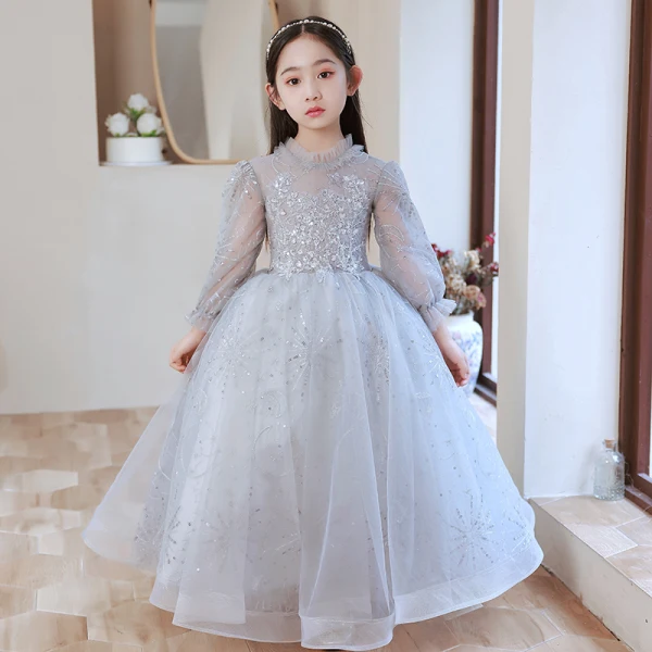 Chic / Beautiful Grey Birthday Flower Girl Dresses 2022 A-Line / Princess Scoop Neck Beading Sequins Long Sleeve Floor-Length / Long Flower Girl Dresses