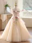Elegante Champagner Pailletten Spitze Blumen Geburtstag Blumenmädchenkleider 2026 Ballkleid Rundhalsausschnitt Ärmellos Rückenfreies Lange Tülle