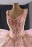 Haut de Gamme Rose Bonbon Fait main Perlage Perle Paillettes Volants en Cascade Robe De Bal 2024 Robe Boule Encolure Carrée Sans Manches Dos Nu Tribunal Train Promo Robe De Ceremonie