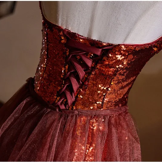 Scintillantes Bordeaux Paillettes Trompette / Sirène Robe De Soirée 2024 Bustier Sans Manches Dos Nu Train De Balayage Soirée Robe De Ceremonie