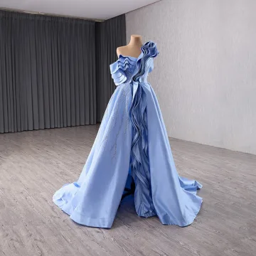 Haut De Gamme Mode Bleu Ciel Perlage Paillettes Robe De Bal 2024 Princesse Une Épaule Sans Manches Dos Nu Train De Balayage Promo Robe De Ceremonie