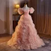 Lovely Blushing Pink Cascading Ruffles Prom Dresses 2024 A-Line / Princess Off-The-Shoulder Short Sleeve Backless Sweep Train Prom Formal Dresses