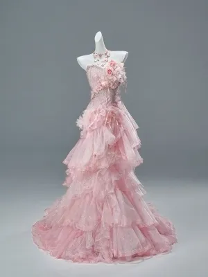 Luxury Gorgeous Charming Candy Pink Beading Sequins Appliques Cascading Ruffles Evening Dresses 2026 Trumpet Mermaid Strapless Sleeveless Backless Sweep Train Formal Dresses