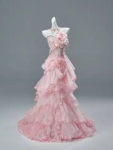 Luxus Herrlich Charmant Pink Perlenstickerei Pailletten Applikationen Fallende Rüsche Abendkleider 2026 Meerjungfrau Bandeau Ärmellos Rückenfreies Sweep Pinsel Zug Festliche Kleider