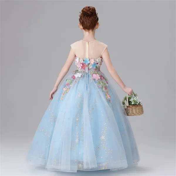 Flower Fairy Sky Blue Sequins Lace Flower Appliques Birthday Flower Girl Dresses 2025 Ball Gown Scoop Neck Sleeveless Floor-Length / Long