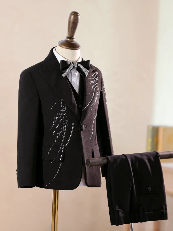 Fashion Black Rhinestone Long Sleeve 5-piece Boys Wedding Suits 2025 Coat Pants Shirt Tie Vest