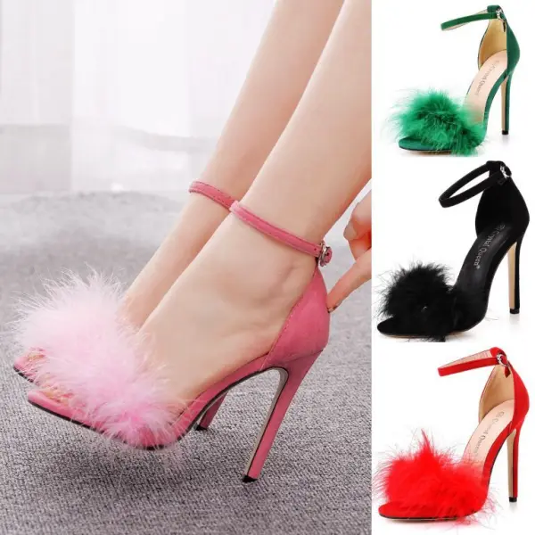 Sexy Noire Soirée Plumes Sandales Femme 2023 11 cm Talons Aiguilles Peep Toes / Bout Ouvert Sandales Talons Hauts