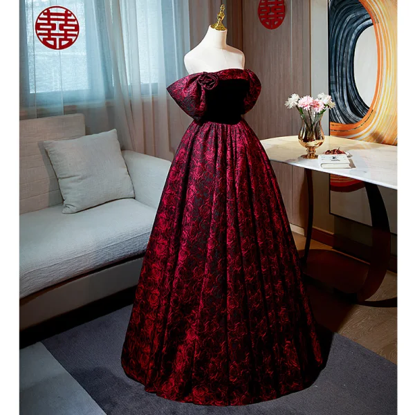 Vintage / Retro Burgundy Printing Prom Dresses 2022 A-Line / Princess Off-The-Shoulder Puffy Short Sleeve Backless Floor-Length / Long Formal Dresses