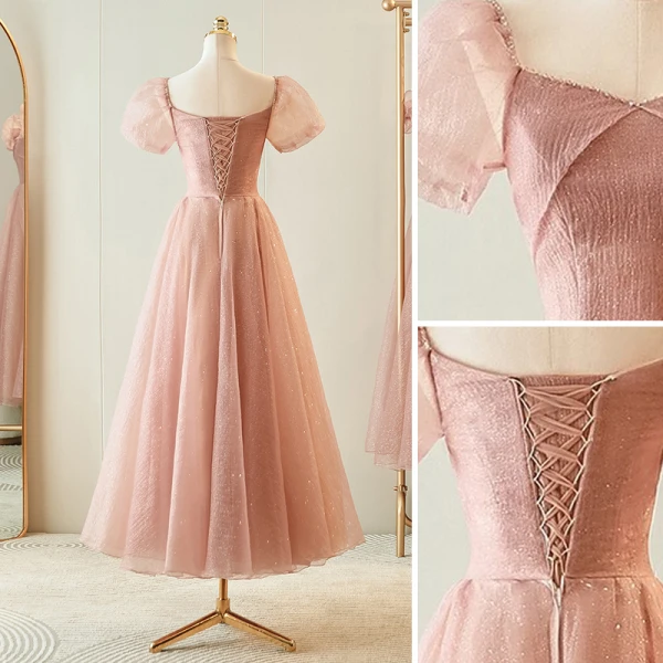 Simple Rougissant Rose Glitter Robe Demoiselle D'honneur 2023 Princesse Encolure Carrée Gonflée Manches Courtes Dos Nu Thé Longueur Robe Demoiselle D'honneur