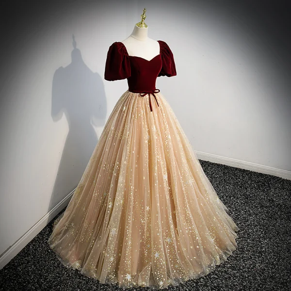 Classic Burgundy Star Sequins Formal Dresses 2022 Ball Gown Square Neckline Suede Short Sleeve Backless Bow Floor-Length / Long Prom Prom Dresses