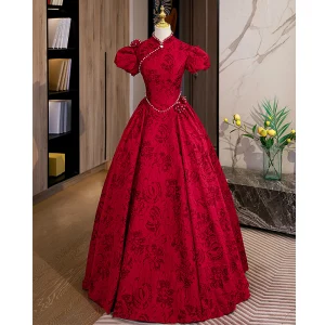 Vintage Retro Burgundy Pearl Lace Flower Prom Dresses 2022 A Line Princess High Neck Puffy Short Sleeve Floor Length Long Backless Formal Dresses