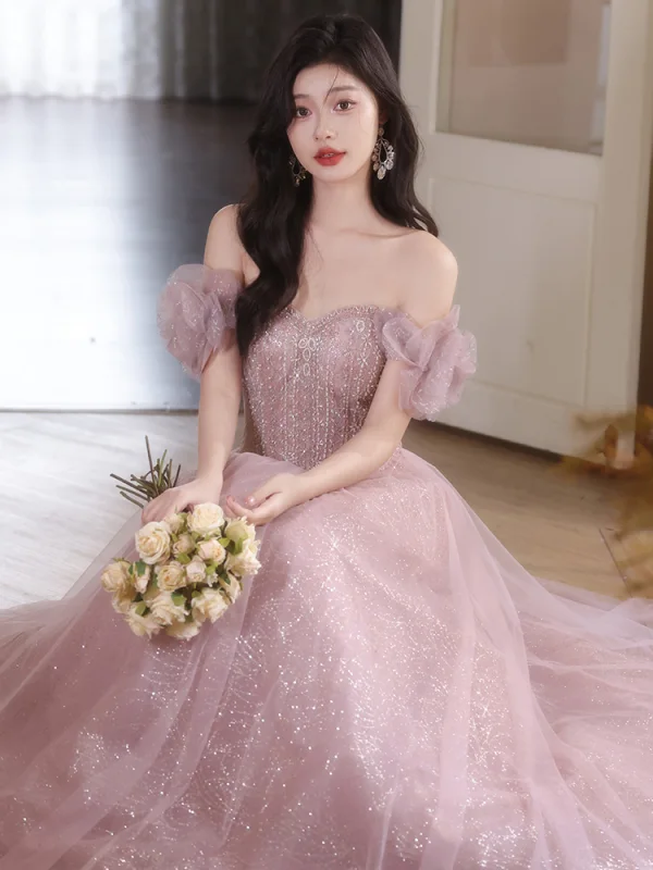 Bling Bling Rougissant Rose Perlage Paillettes Robe De Bal 2024 Princesse De l'épaule Manches Courtes Dos Nu Longue Promo Robe De Ceremonie