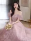 Bling Bling Rougissant Rose Perlage Paillettes Robe De Bal 2024 Princesse De l'épaule Manches Courtes Dos Nu Longue Promo Robe De Ceremonie