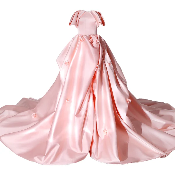 High-end Fashion Candy Pink Satin Cascading Ruffles Prom Dresses 2022 Strapless Sleeveless Backless Royal Train Prom Formal Dresses
