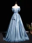 Elegant Sky Blue Satin Prom Dresses 2025 Ball Gown Off-The-Shoulder Short Sleeve Backless Floor-Length / Long Prom Formal Dresses