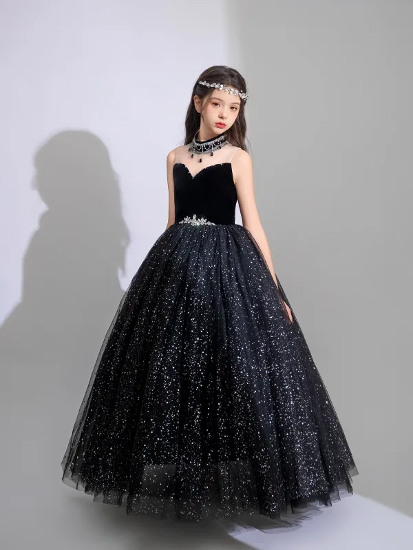 Bling Bling Schwarz Strass Pailletten Geburtstag Blumenmädchenkleider Ballkleid 2025 Rundhalsausschnitt Ärmellos Rückenfreies Lange