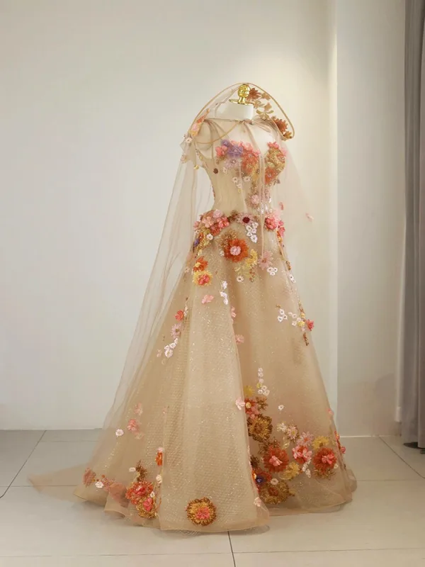 Blumenfee Champagner Perlenstickerei Pailletten Spitze Blumen Festliche Kleider 2025 Mit Umhang A Linie Bandeau Ärmellos Rückenfreies Lange Ballkleider