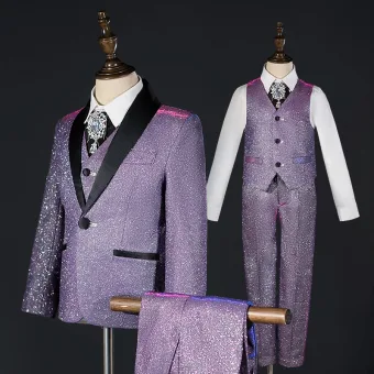Fashion Bling Bling Purple 5 Piece Glitter Rhinestone Long Sleeve Boys Wedding Suits 2025
