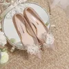 Charming Champagne Beading Lace Flower Pearl Sequins Leather Wedding Shoes 2023 8 cm Stiletto Heels Pointed Toe Wedding Pumps High Heels