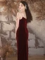 Charming Burgundy Velvet Evening Dresses 2024 Trumpet / Mermaid Spaghetti Straps Sleeveless Backless Floor-Length / Long Evening Party Formal Dresses