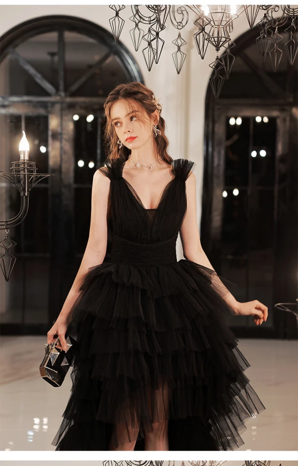 Sexy Black Cascading Ruffles Asymmetrical Cocktail Dresses Prom Dresses 2022 A-Line / Princess Spaghetti Straps Sleeveless Backless Formal Dresses