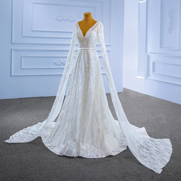 High End Weiß Perlenstickerei Pailletten Brautkleider / Hochzeitskleider 2022 A Linie Stoffgürtel V-Ausschnitt Lange Ärmel Rückenfreies Hof-Schleppe Hochzeit