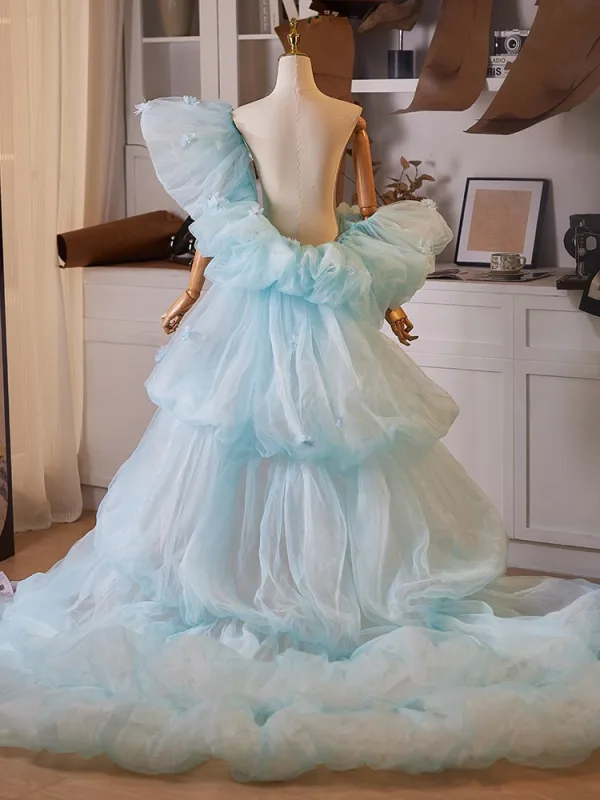 Mode Bleu Fait main Volants en Cascade Promo châle Vestes & Enveloppements 2025 Gonflée