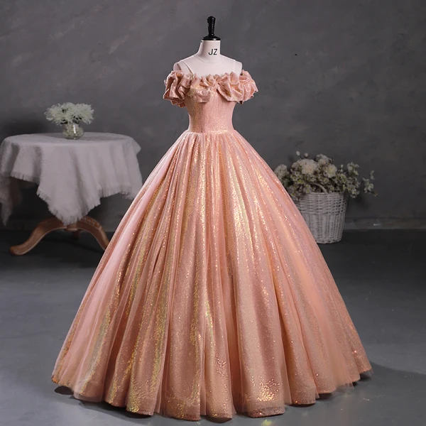 Sparkly Candy Pink Sequins Prom Dresses 2023 Ball Gown Scoop Neck Ruffle Short Sleeve Backless Floor-Length / Long Prom Formal Dresses