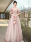 Chic / Beautiful Blushing Pink Beading Appliques Prom Dresses 2024 A-Line / Princess Off-The-Shoulder Short Sleeve Backless Floor-Length / Long Prom Formal Dresses