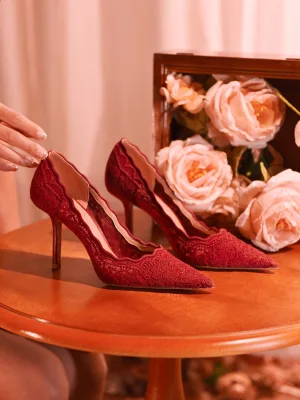 Elegante Bordeaux Kant Gala Bruidsschoenen 2024 Leer 8 Cm Naaldhakken Stiletto Spitse Neus Pumps Hoge Hakken