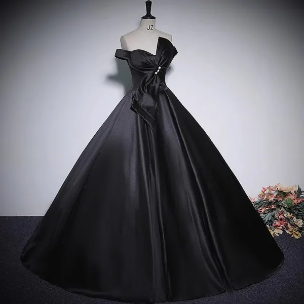 Élégant Noire Satin Robe De Bal 2023 Robe Boule De l'épaule Noeud Sans Manches Dos Nu Longue Promo Robe De Ceremonie
