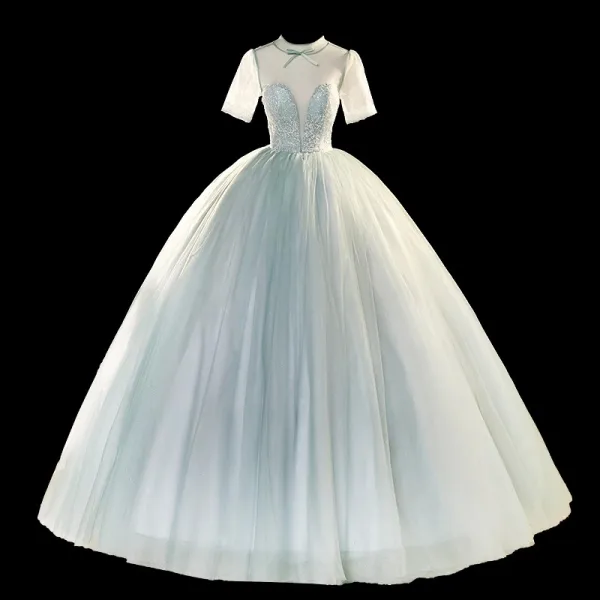 Élégant Vert Cendré Paillettes Robe De Bal 2023 Robe Boule Col Haut Manches Courtes Longue Promo Robe De Ceremonie