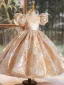 Bling Bling Gold Glitter Printing Pearl Birthday Flower Girl Dresses 2024 Ball Gown Scoop Neck Puffy Short Sleeve Backless Floor-Length / Long