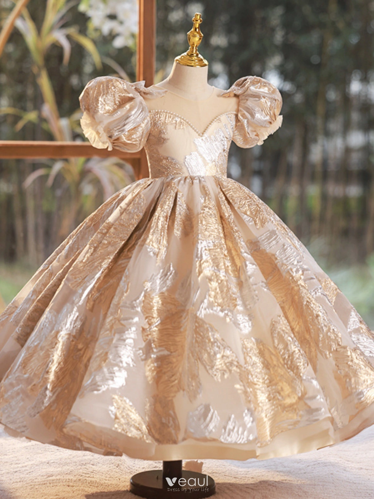 Bling Bling Gold Glitter Printing Pearl Birthday Flower Girl Dresses 2024  Ball Gown Scoop Neck Puffy Short Sleeve Backless Floor-Length / Long