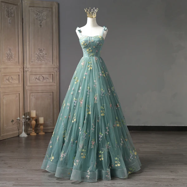 Flower Fairy Sage Green Appliques Prom Dresses 2023 Ball Gown Strapless  Short Sleeve Backless Floor-Length / Long Prom Formal Dresses