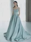 Élégant Bleu Ciel Robe De Bal 2024 Princesse Bretelles Spaghetti Perle Sans Manches Dos Nu Train De Balayage Promo Robe De Ceremonie