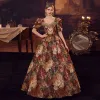 Vintage / Retro Medieval Multi-Colors Printing Prom Dresses 2022 A-Line / Princess Square Neckline Short Sleeve Backless Beading Pearl Floor-Length / Long Formal Dresses