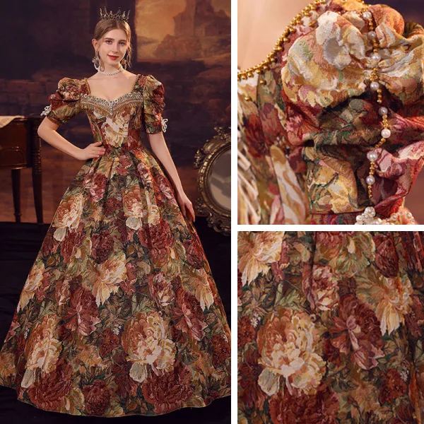 Vintage Mittelalterlich Multifarben Drucken Ballkleider 2022 A Linie Eckiger Ausschnitt Kurze Ärmel Rückenfreies Perlenstickerei Perle Lange Festliche Kleider