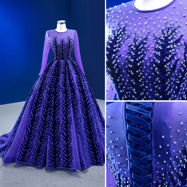 Vintage / Retro High-end Navy Blue Beading Sequins Prom Dresses 2023 Ball Gown Scoop Neck Long Sleeve Court Train Prom Formal Dresses