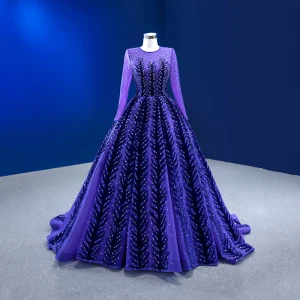 Vintage High End Marineblau Perlenstickerei Pailletten Ballkleider 2023 Ballkleid Rundhalsausschnitt Lange Ärmel Hof Schleppe Ball Festliche Kleider