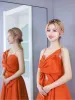 Fashion Orange Satin Prom Dresses 2023 A-Line / Princess Spaghetti Straps Bow Sleeveless Backless Floor-Length / Long Prom Formal Dresses