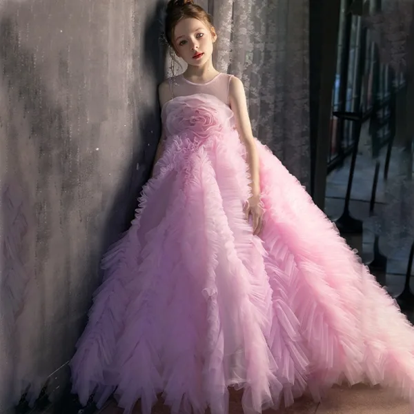 Lovely Candy Pink Cascading Ruffles Birthday Flower Girl Dresses 2025 Ball Gown Scoop Neck Sleeveless Backless Floor-Length / Long