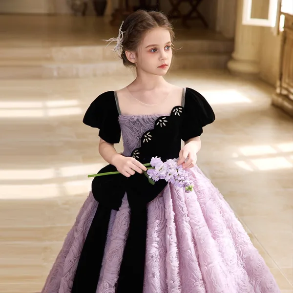 Chic / Beautiful Lavender Bow Ruffle Birthday Flower Girl Dresses 2025 Ball Gown Scoop Neck Short Sleeve Backless Floor-Length / Long