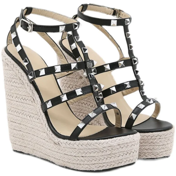 Sexy Black Rivet Summer Cocktail Party Womens Sandals 2022 T-Strap 14 cm Stiletto Heels Open / Peep Toe Sandals High Heels
