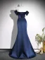 Vintage / Retro Navy Blue Evening Dresses 2026 Trumpet / Mermaid Off-The-Shoulder Short Sleeve Backless Floor-Length / Long Formal Dresses
